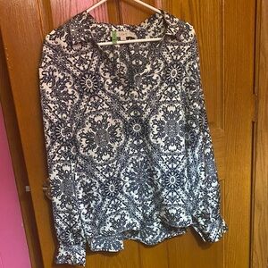 LOFT Navy and White Ornate Blouse